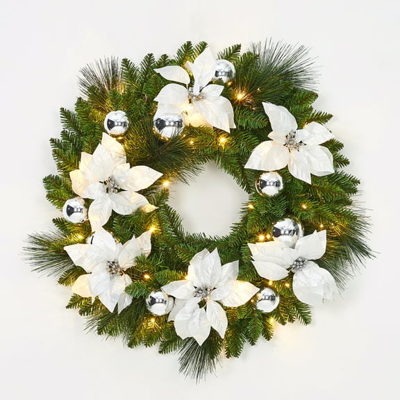 Towallmark 24 Inch Lighted Christmas Wreaths for Front Door, Pre Lit Xmas Door Wreath with Lights for Outdoor Indoor Holiday Party Decorations