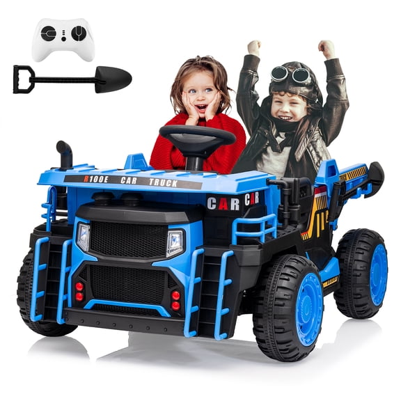 Towallmark 24V 2 Seater Electric Ride on Toys for Kids, 2WD/4WD Switchable Ride on UTV Dump Truck w/ Dump Bed, Extra Shovel, LED Lights, Bluetooth & Music, Blue