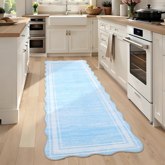 Towallmark 2x6 Washable Area Rug, Ultra Soft Low Pile Non-Slip Carpet, Modern Scalloped Print Floor Mat for Living Room Bedroom Home Decor, Light Blue