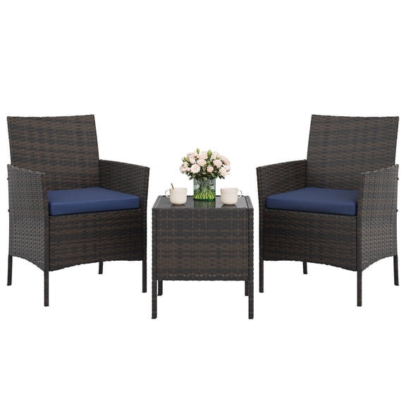 Towallmark 3 Piece Patio Bistro Set, Outdoor All-Weather PE Rattan Furniture with 2 Chairs & Glass Coffee Table, Soft Cushions for Balcony, Porch, Backyard, Apartment