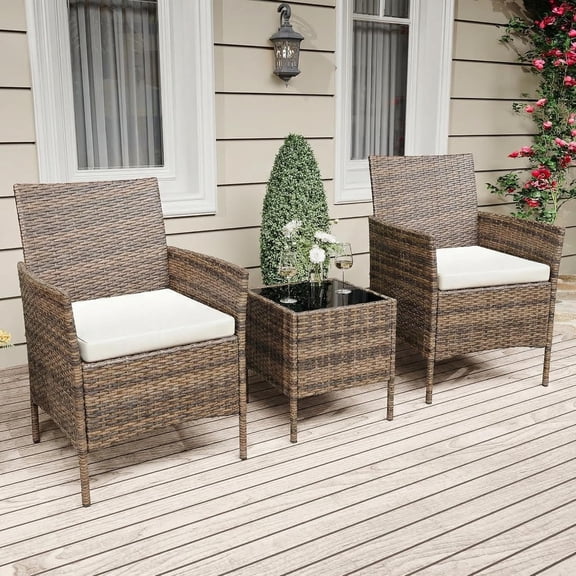 Towallmark 3 Piece Patio Bistro Set, Outdoor All-Weather PE Rattan Furniture with 2 Chairs & Glass Coffee Table, Soft Cushions for Balcony, Porch, Backyard, Apartment, brown cream