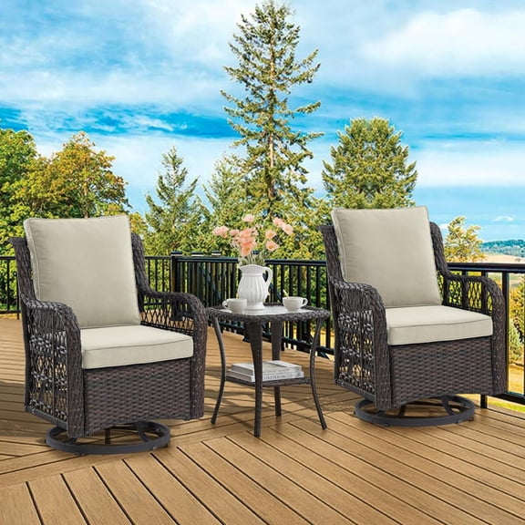 Towallmark 3 Pieces Outdoor Swivel Rocker Chair Set of 2 with Glass Top Table, Outdoor Swivel Glider Rocker, Wicker Swivel Chair Set for Patio Porch Pool