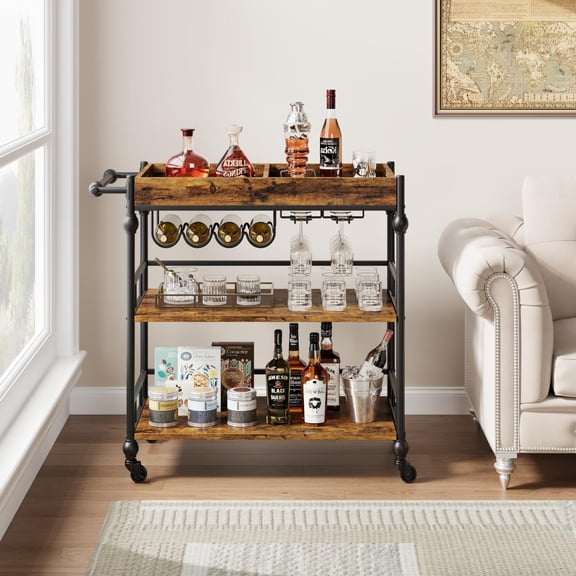 Towallmark 3-Tier Bar Cart with Wheels, Metal Rolling Serving Cart for Home Bar, Wine Rack and Removable Tray, Mobile Drink Cart for Kitchen, Dining Room or Living Room-Retro Brown