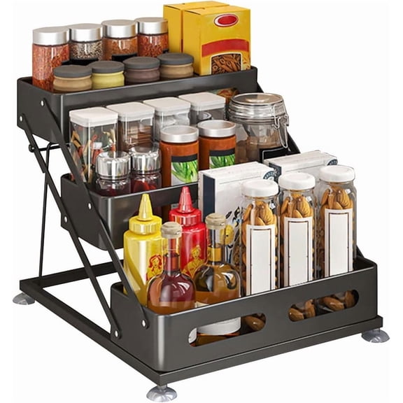 Towallmark 3-Tiers Countertop Spice Rack, Adjusted Height 10-10.8Inch, Carbon Steel Tiered Spice Rack with Non-Slip Suction Cups, Space-Saving for Kitchen Desktop (Black)