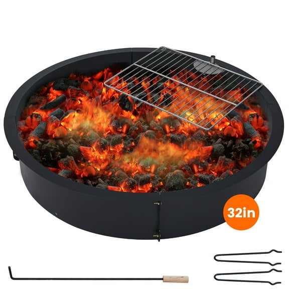 Towallmark 32" Fire Pit Ring w/ Grill Gratee.2.5 mm Steel Heat-Resistant Large Fire Pit Insert Round for Backyard Bonfire BBQ Outdoor Camping Picnic