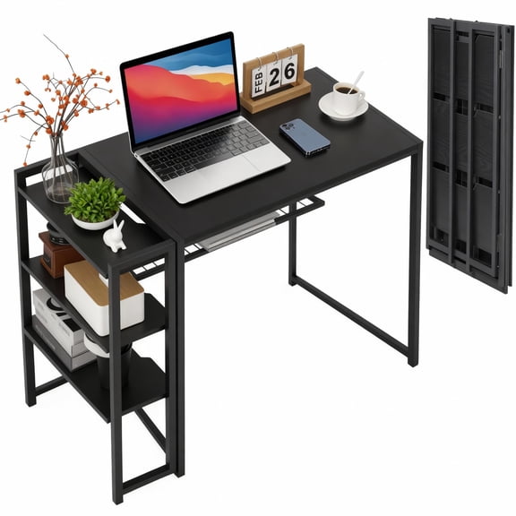 Towallmark 35 Inch Folding Computer Desk with Storage Shelf, Small Space Writing Desk No Assembly Required for Home Office, Bedroom, Dorm, Apartment, Black