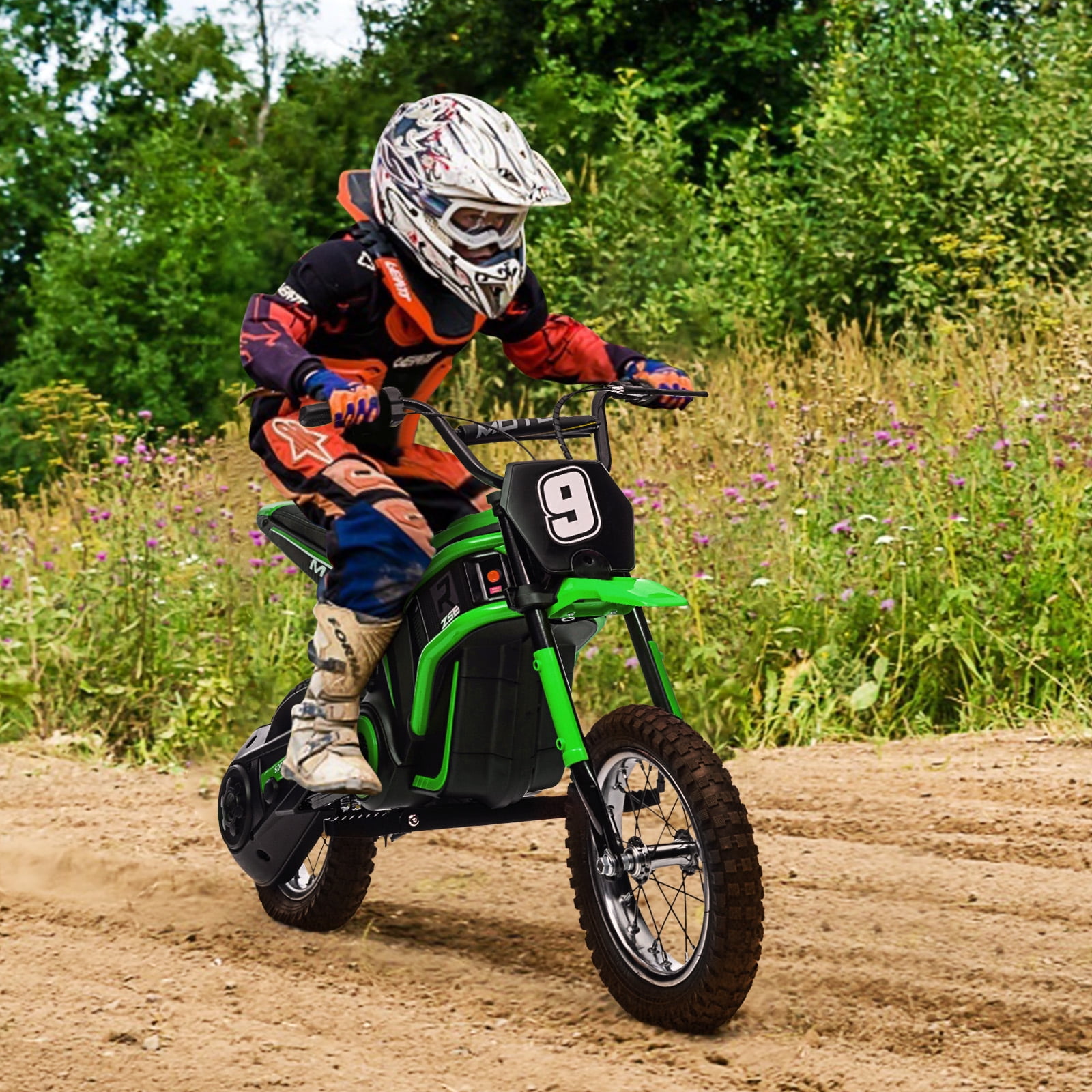 Towallmark ​​350W Kids Electric Dirt Bike, 15 MPH & 13.7 Mile Range, 3-Speed Off-Road Motorcycle for Boys and Girls, Green#9