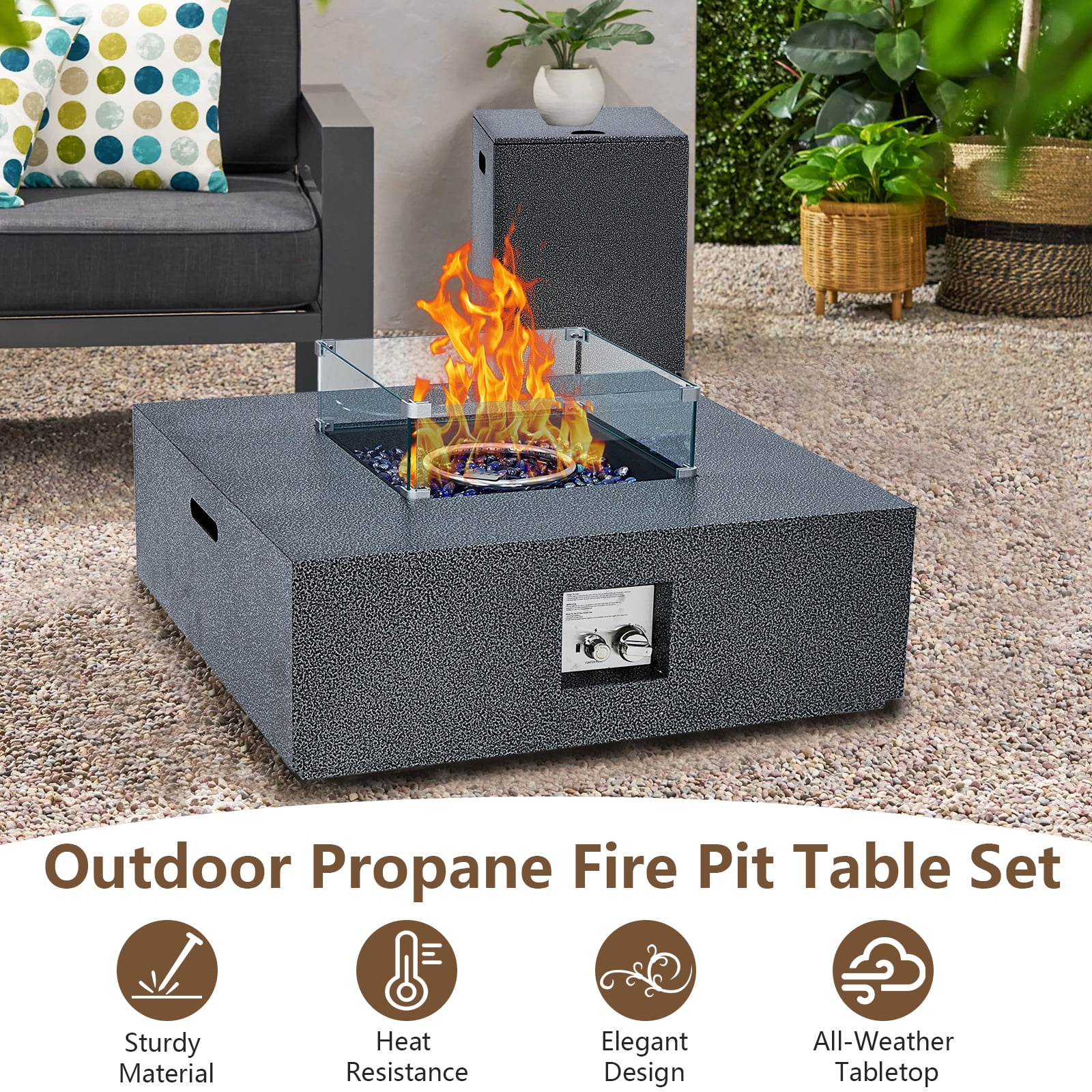 Towallmark 36 Inch 50,000 BTU Propane Fire Pit Table, Outdoor Gas Fire Pit with Wind Guard & Removable Lid, Steel Frame with Rain Cover for Patio, Deck, Garden, Silver