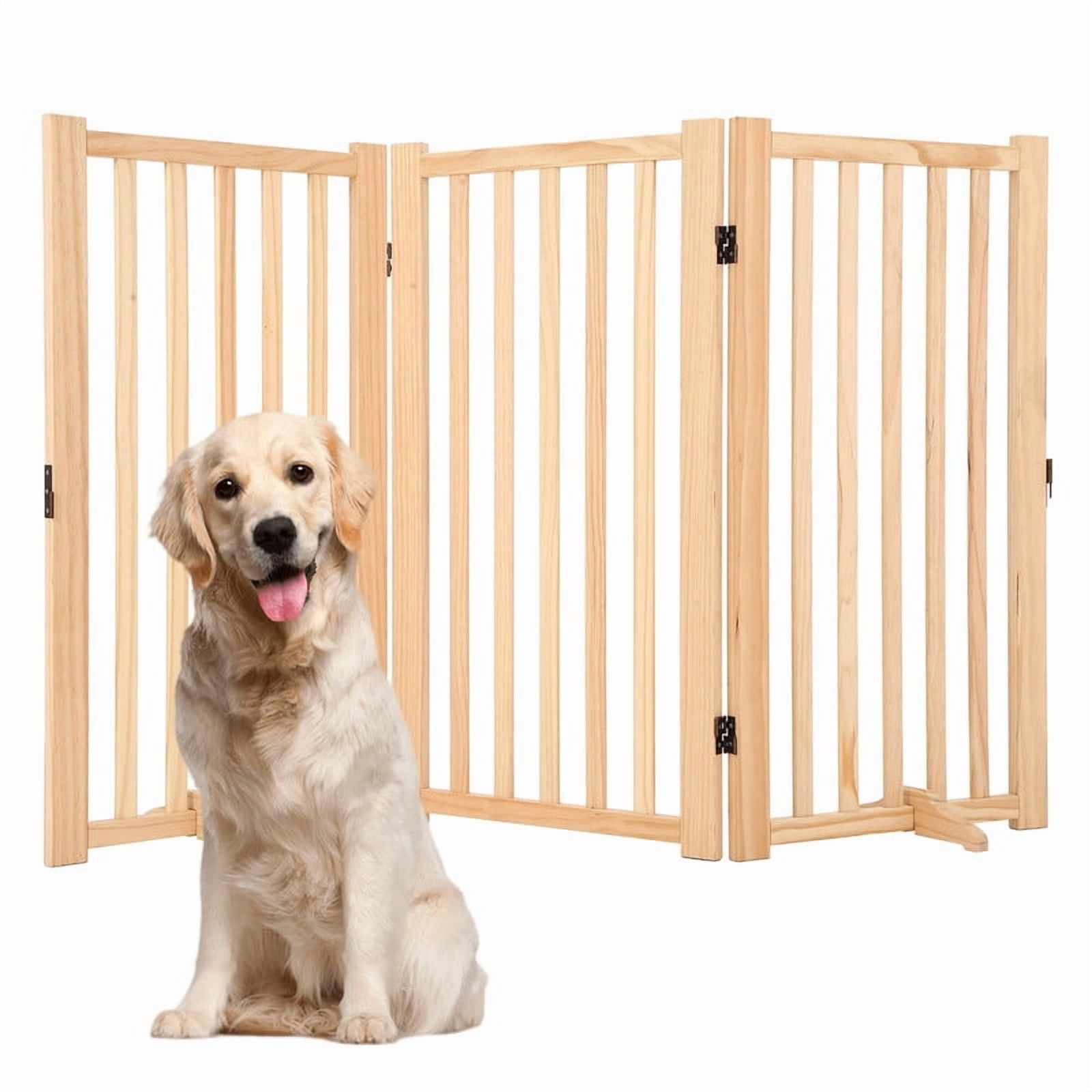 Towallmark 36 Inch Height 3 Panel Pet Gate, Freestanding Wooden Dog Gate, Folding Expandable Safety Barrier with Support Feet, Indoor Pressure Mount for Doorway Stairs Hallway, Solid Hardwood