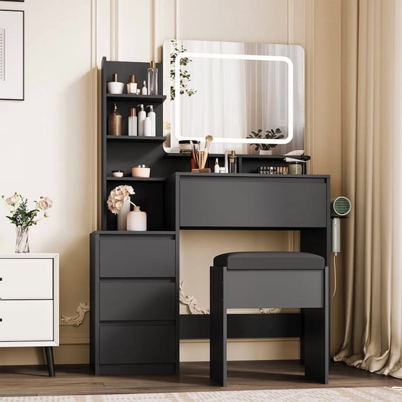 Towallmark 36 Inch Vanity Desk With Mirror And LED Lights, Makeup Vanity Table With Power Outlet, USB Ports, Stool, 3 Color Lighting, Black Dressing Table With 4 Drawers And Storage Shelves