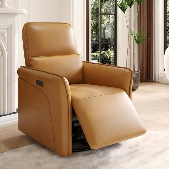 Towallmark 360 Swivel Leather Recliner Chair, Power Rocking Reclining Chair For Adults, Brown Accent Chair With Lumbar Support, USB Port & Footrest, For Living Room, Bedroom Or Nursery
