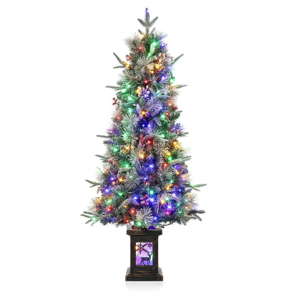 Towallmark 4.5ft Pre-Lit Artificial Slim Christmas Tree, Flocked or Full Designs with Clear/Multicolor Lights, Easy Assembly & Elk Light Box for Home and Office Holiday Decor