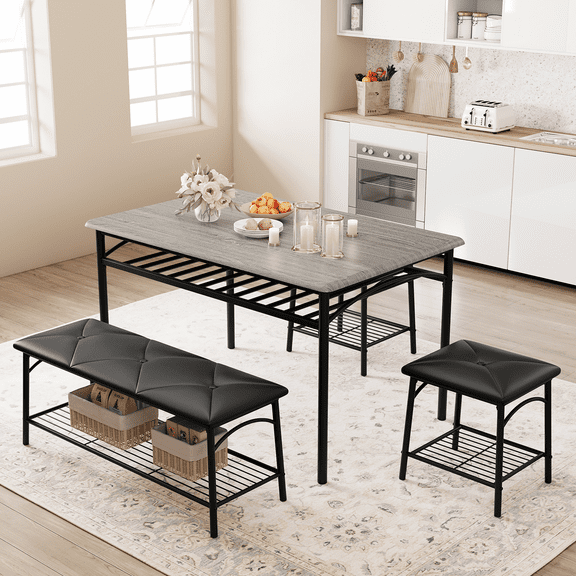 Towallmark 4-Piece Dining Set with Storage Shelf, Compact Kitchen Table Set with Upholstered Bench & 2 Stools, Space Saving for Small Spaces, Apartments, Breakfast Nook,Gray