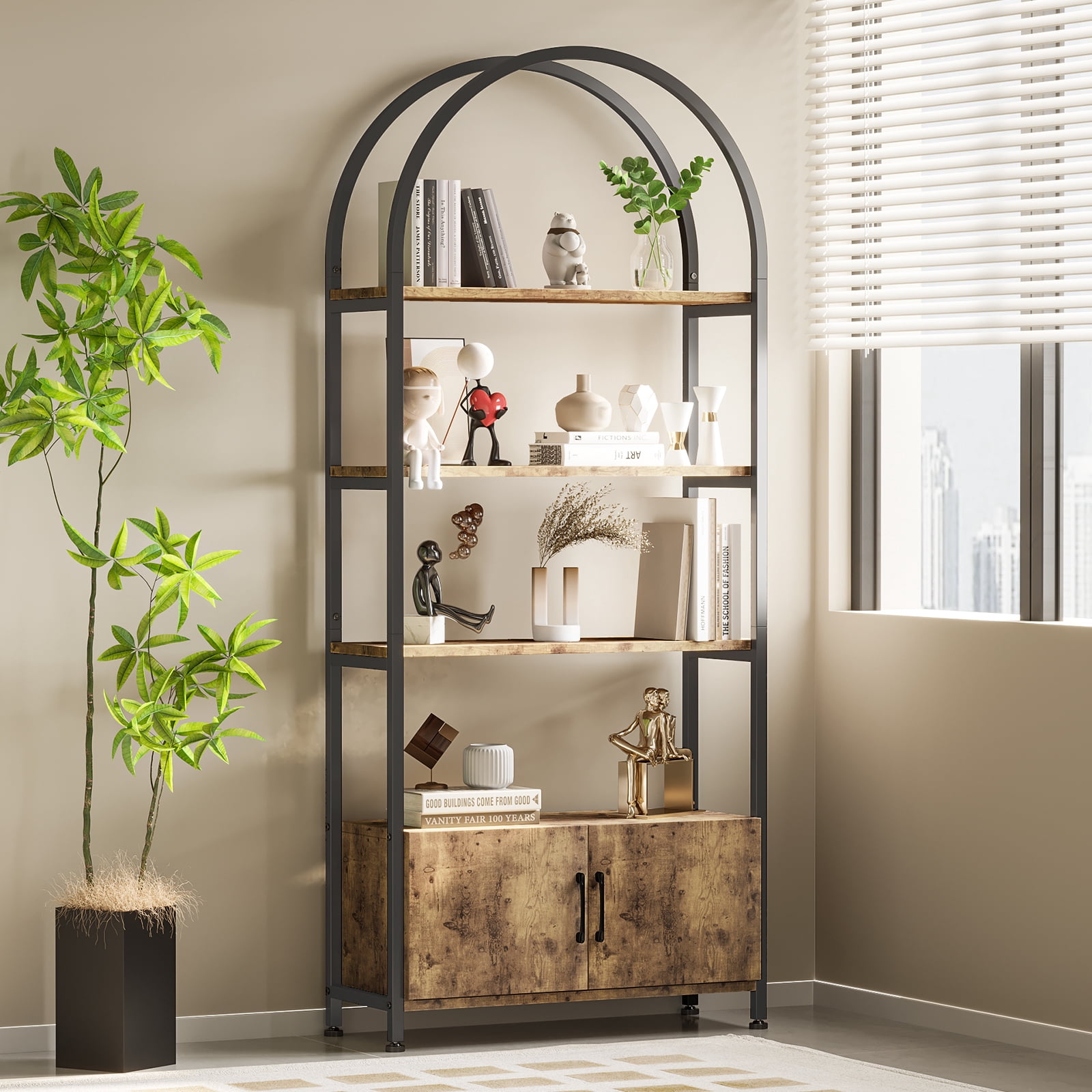 Towallmark 4-Tier Gold Bookshelf with Doors StorageBook Shelf, 71.5“ Tall Arched Book Shelf with Studry Metal Frame and Quality Board for Bedroom Living Room