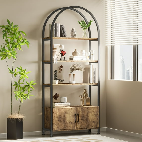 Towallmark 4-Tier Gold Bookshelf with Doors StorageBook Shelf, 71.5“ Tall Arched Book Shelf with Studry Metal Frame and Quality Board for Bedroom Living Room