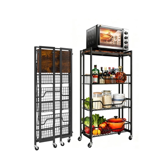 Towallmark 4-Tier Heavy Duty Wooden Kitchen Storage Rack Expandable Folding Organizer with Lockable Wheels, Pre-Assembled Rolling Utility Shelf Space-Saving for Pantry, Garage, Bathroom