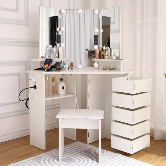 Towallmark 42 Inch Modern Vanity Desk With Triple Mirror, Corner Makeup Vanity Set With LED Lights And Stool, White Dressing Table With 5 Drawers, Power Outlet, 3 Lighting Modes, For Bedroom
