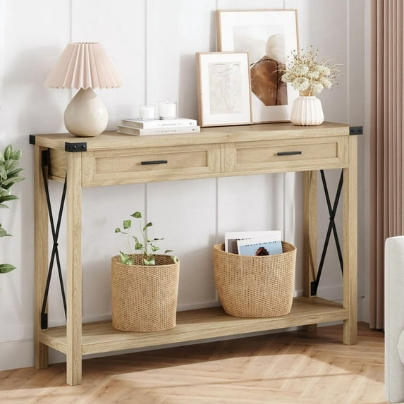 Towallmark 43" Rattan Console Table, Boho Entryway Table With Storage Drawers, Living Room Hallway Foyer Accent Table, Burlywood