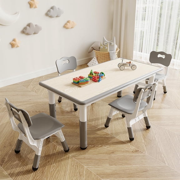 Towallmark 47.2" x 23.6" Kids Table and 4 Chairs Set, Height Adjustable Toddler Table Set for Ages 3-10, Childrens Activity Table with Graffiti Top, Non Slip Legs, 300Lbs Capacity