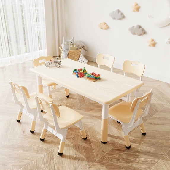 Towallmark 47.2" x 23.6" Kids Table and 6 Chairs Set, Adjustable Height Childrens Table Set for Ages 3-10, Toddler Activity Table with Graffiti Top, Non Slip Legs, 300Lbs Capacity