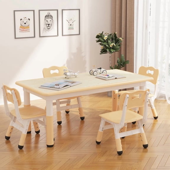 Towallmark 47.2" x 23.6" Kids Table and Chairs Set, Adjustable Height Childrens Table with 4 Chairs, Toddler Activity Table Set for Ages 3-10, Graffiti Top Non Slip Legs 300Lbs Capacity