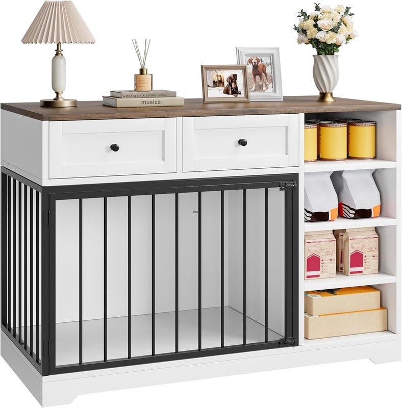 Towallmark 47 Inch Dog Crate Furniture, Large Wooden Dog Kennel TV Stand with Storage Drawers & Shelves, White Decorative Indoor Dog Cage for Medium & Large Dogs