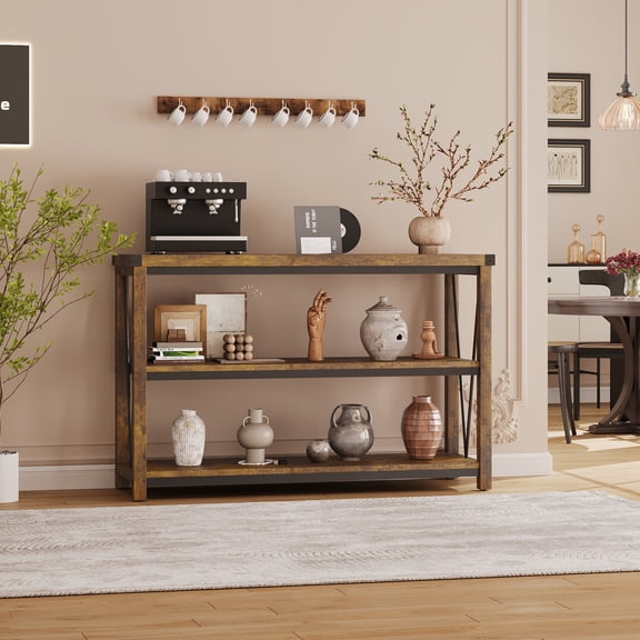 Towallmark 47 Inch Farmhouse Entryway Table, Narrow Long Console Table with Storage, 3‑Tier Wood Console Table for Living Room, Sofa Table Behind Couch, Hallway Table for Foyer, Brown