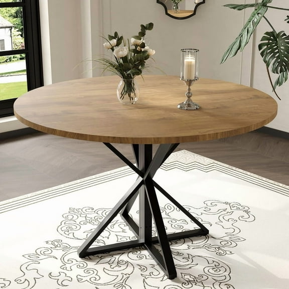 Towallmark 47 Inch Round Dining Table, Wooden Circle Table With Metal Pedestal Base, Space Saving 4 Seater Dinner Table, For Kitchen Dining Room, Includes 4 Tabletop Parts