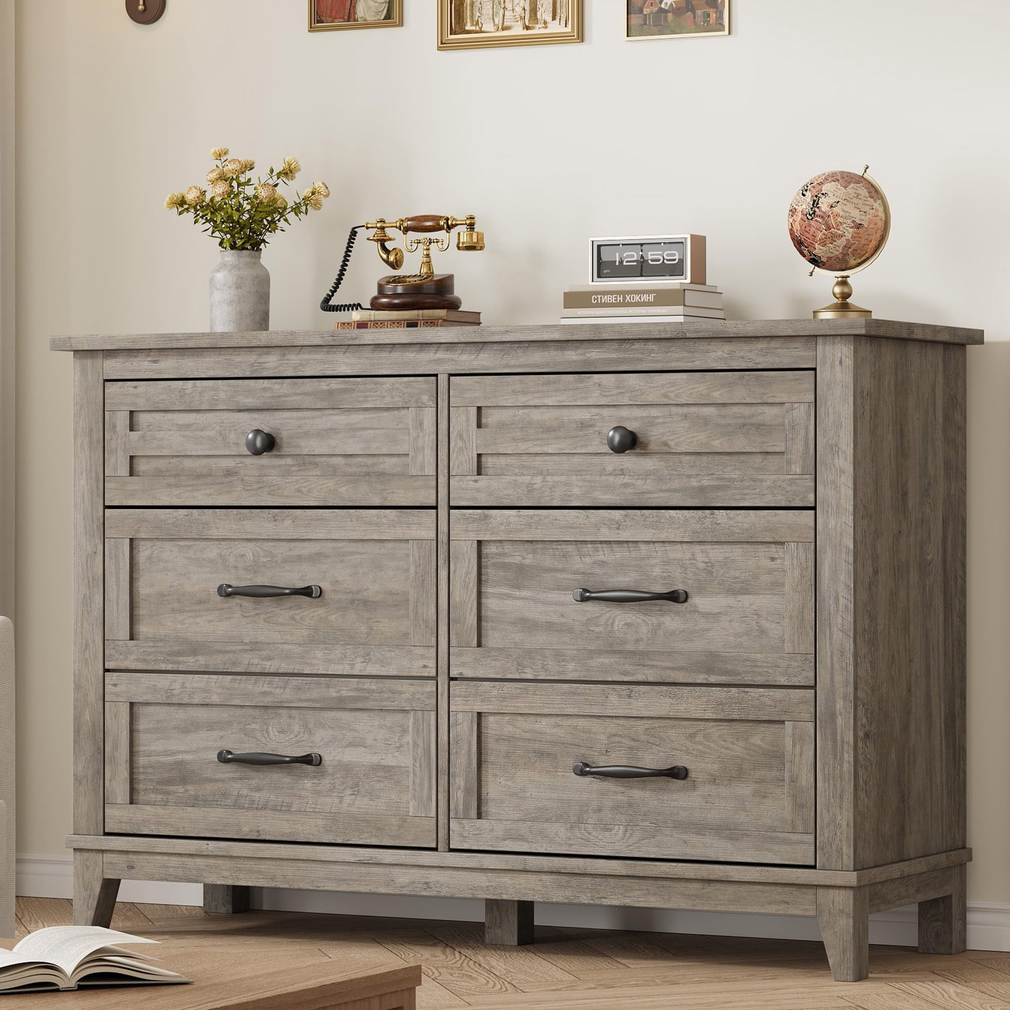 Towallmark 47" Wide Dressers for Bedroom 6 Drawers Wooden Dresser Storage Chest of Drawers for Living Room,Entryway,Gray