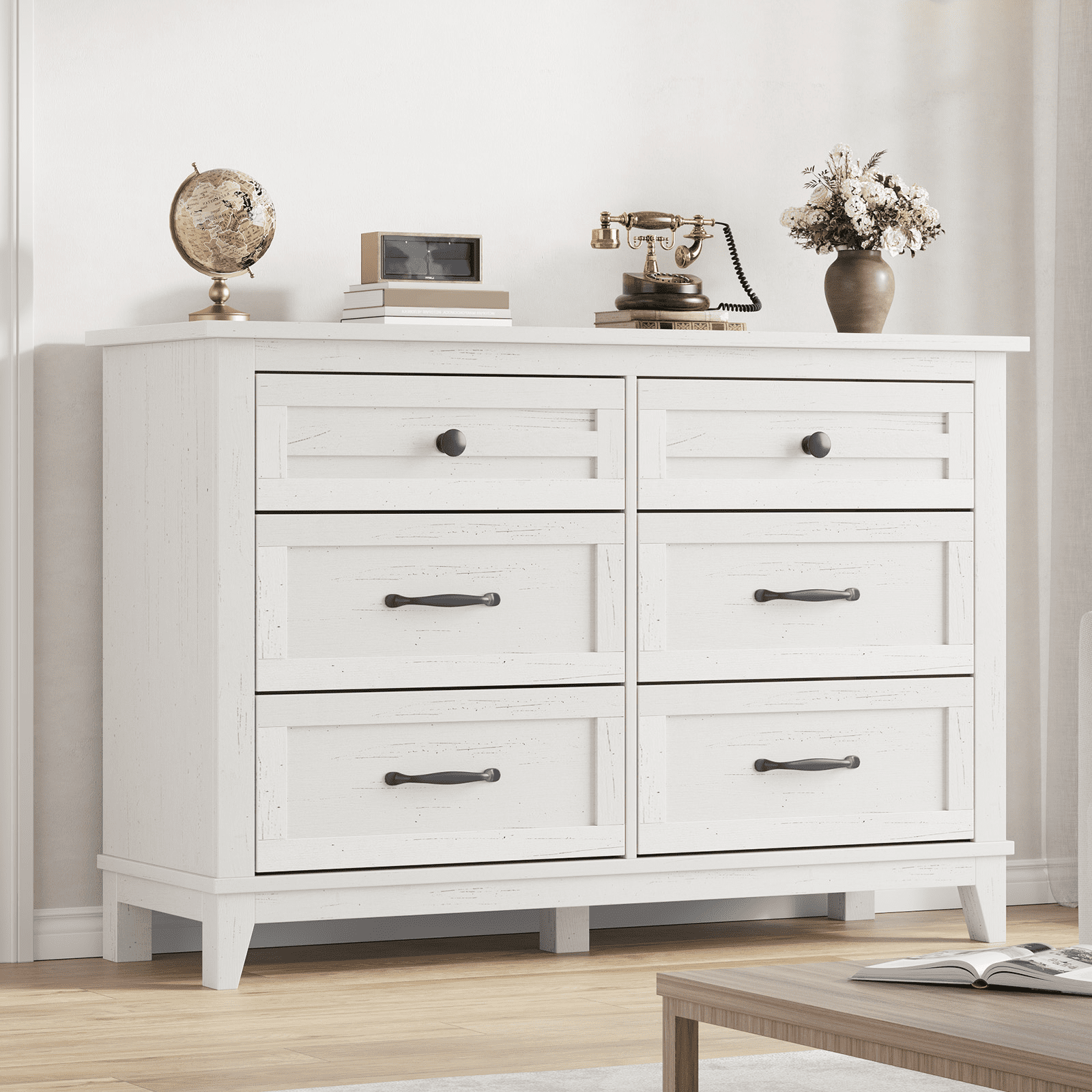 Towallmark 47" Wide Dressers for Bedroom 6 Drawers Wooden Dresser Storage Chest of Drawers for Living Room,Entryway,White