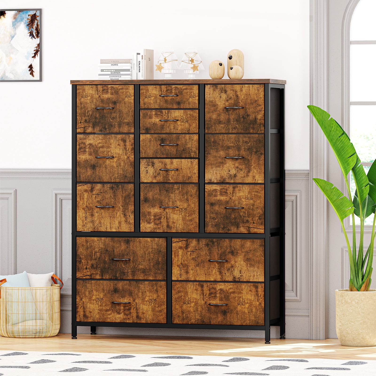 Towallmark 48" H Tall Dresser with 15 Drawers Dressers for Bedroom Fabric Storage Dresser & Chest of Drawers(Brown)