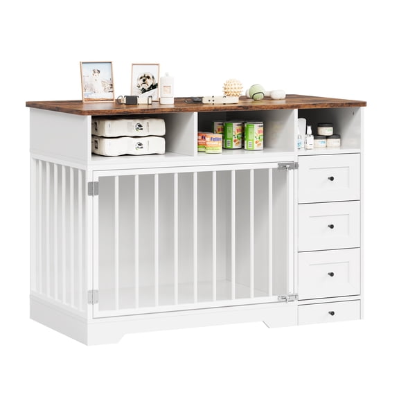 Towallmark 48" Large Dog Crate Furniture with Storage Shelves, 3 Drawers & Hidden Bowl, Indoor Dogs Kennel for Small to Medium, White