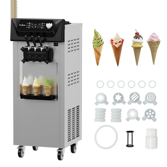 Towallmark 5.8-8 Gal Per Hour 2200W Commercial Soft Serve Ice Cream Machine, 2+1 Flavor 3 Dispensers, 2x7L Hopper, LCD Display, Auto Clean, Vertical, for Restaurants Snack Bars