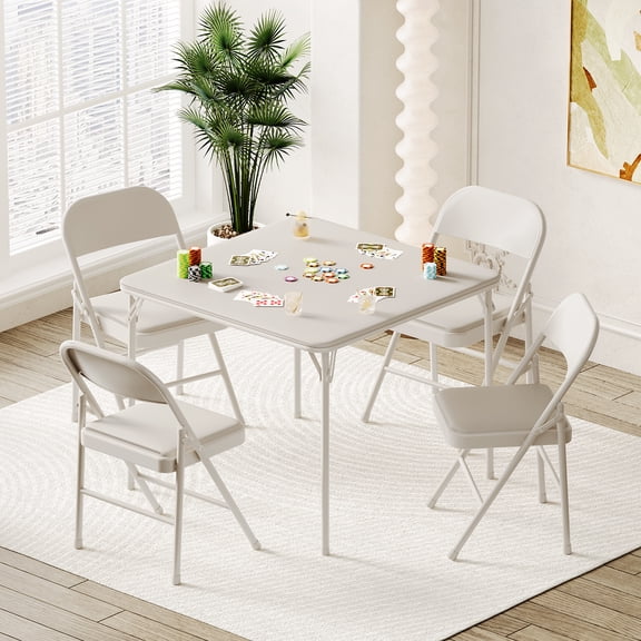 Towallmark 5-Piece Folding Set with Card Table and 4 Padded Cushion Chairs, Beige