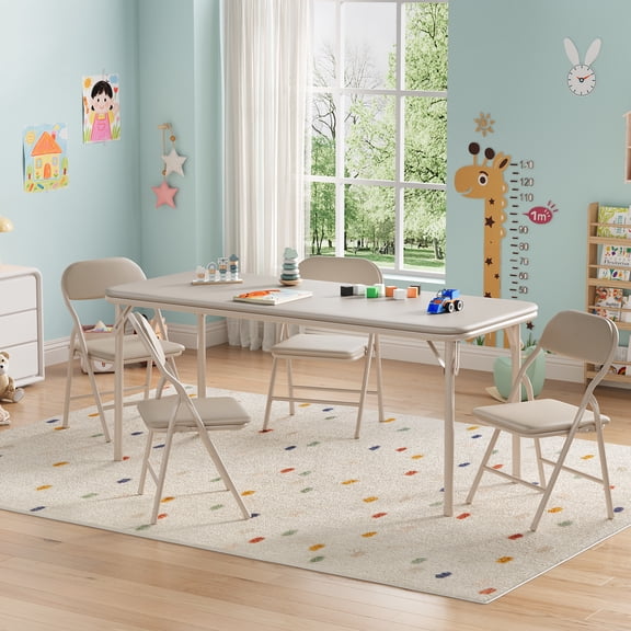 Towallmark 5-Piece Kids Activity Table and Chair Set, Folding Preschool Furniture, Collapsible for Study Room, Dining Room, Daycare, Beige
