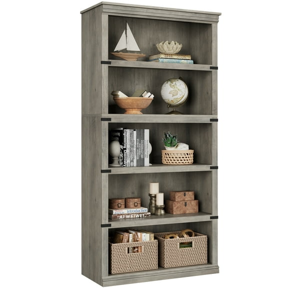 Towallmark 5 Tier Tall Bookshelf and Bookcase with Storage, 67.4" Tall Farmhouse Wooden Bookcase Display Shelf for Living Room Home Office Library Storage, Grey
