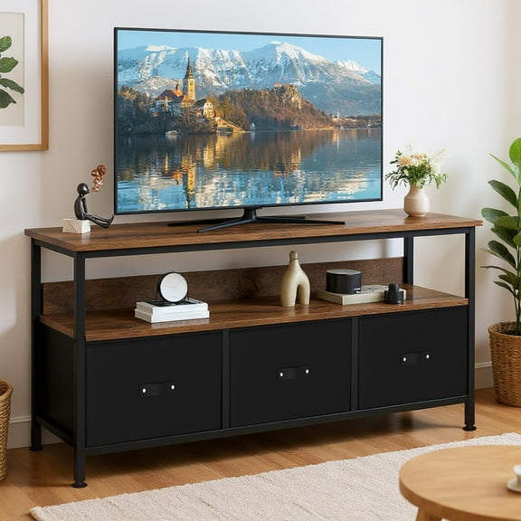 Towallmark 55 Inch Media Console, Retro TV Stand With Fabric Drawers, Modern Living Room TV Cabinet, Entertainment Center With Open Shelves, For Bedroom And Dining Room