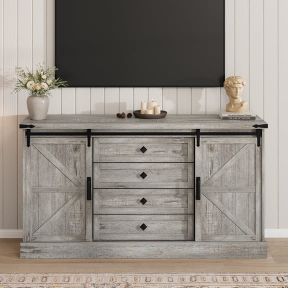 Towallmark 59" Farmhouse Dresser 4 Drawer Modern Storage Cabinet with Sliding Barn Door for Bedroom, Chest of Drawers Wood Organizer TV Stand for Living Room