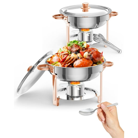 Towallmark 5QT 2 Packs Chafing Dish Buffet Set,Chafers and Warmers Food Servers Sets with Lid & Lid Holder, Spoon & Tweezer for Catering Events Parties Weddings Dinners,Rose Gold