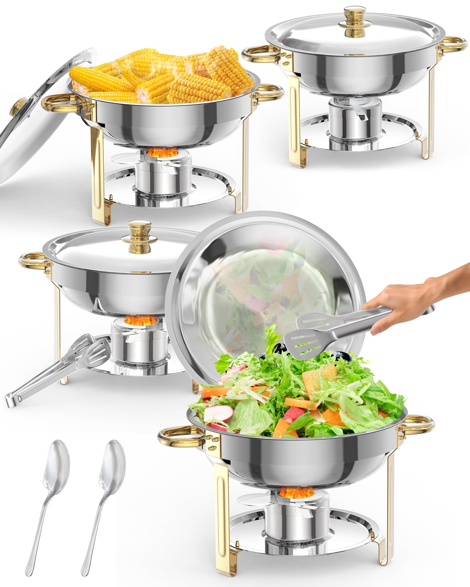 Gold Stainless Steel Round Chafing Dish Buffet Set, 4 Pack