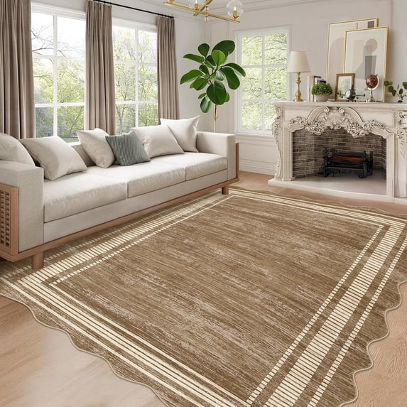 Towallmark 5x7 Washable Area Rug, Ultra Soft Low Pile Non-Slip Carpet, Modern Scalloped Print Floor Mat for Living Room Bedroom Home Decor, Brown
