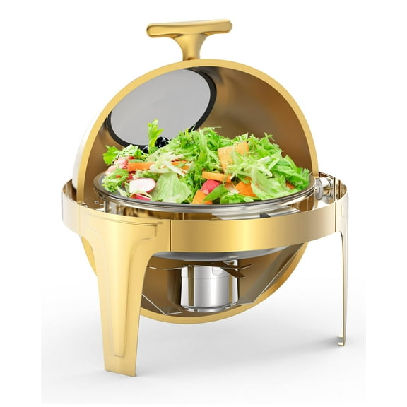 Towallmark 6.3 Quart Round Roll Top Chafing Dish Buffet Set, Stainless Steel Buffet Food Warmer Servers Chafer for Catering with Glass Window for Party Wedding Banquet Graduation Event, Gold