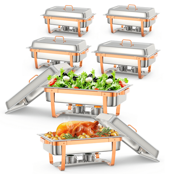 Towallmark 6 Pack Chafing Dish Buffet Set with Lid Holder, 8 QT Stainless Steel Chafer Rectangular Chafers for Catering Buffet Warmer Set