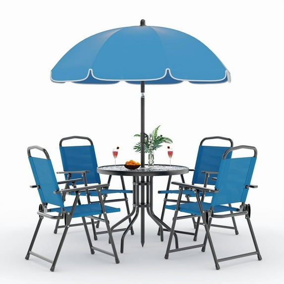 Towallmark 6 Piece Patio Dining Set with Umbrella, Outdoor Furniture Set Includes 4 Folding Chairs, Tempered Glass Top Table, Garden Dining Set, Bule