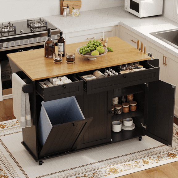 Towallmark 60-Inch Large Kitchen Island Table on Wheels with Drop Leaf & Power Outlet, Mobile Kitchen Cart with Storage Cabinet, 2 Drawers and Towel Holder, Black