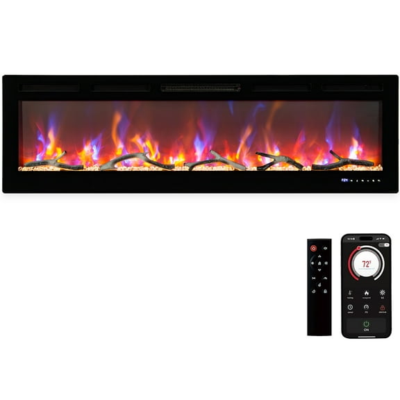 Towallmark 60in Electric Fireplace, Recessed and Wall-Mounted, Smart WiFi Alexa Voice Control, 3D Flame Effect, 12 Color Options, 750W/1500W Adjustable Heater for Modern Home, Living Room, Bedroom