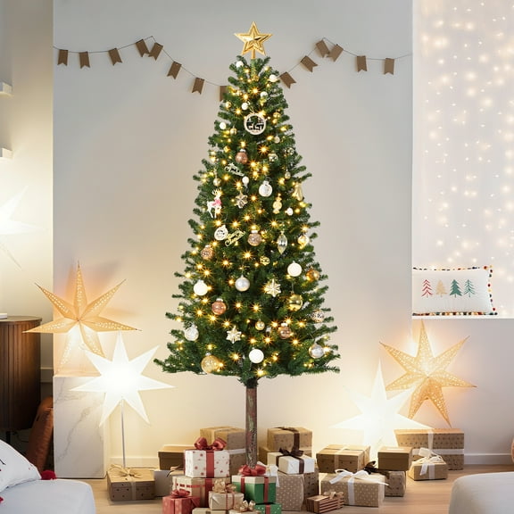 Towallmark 6ft Pre-Lit Artificial Alpinee Slim Pencil Christmas Tree with LED Lights,  Metal Stand