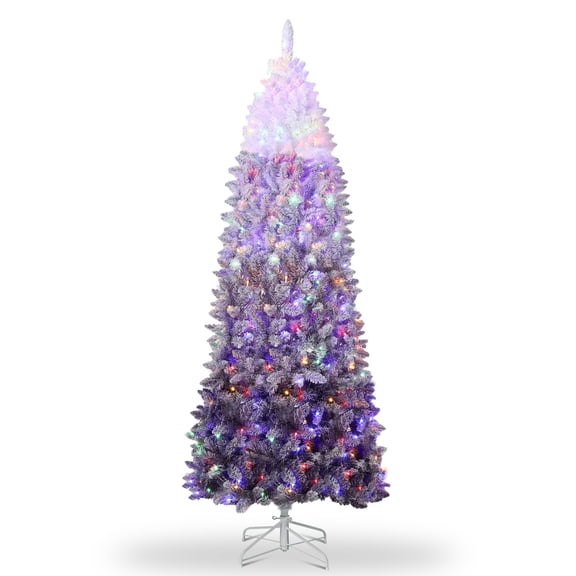 Towallmark 7.5Ft Tall Unlit Snow Flocked Artificial Christmas Tree Slim Pencil Xmas Tree with Pine Shape and Realistic Branches, White & Purple Gradient