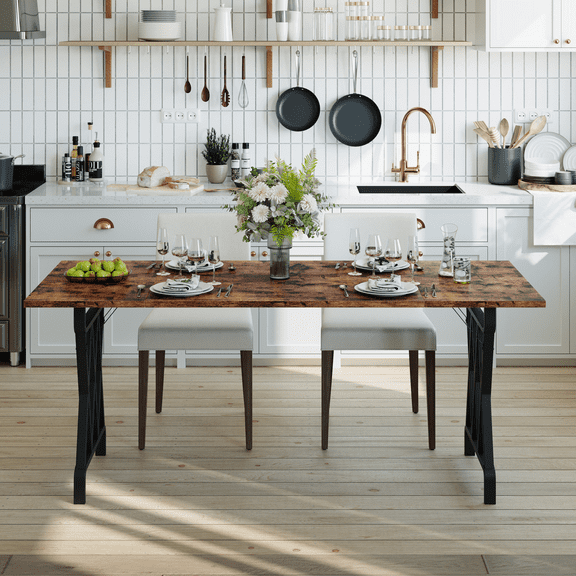 Towallmark ​​70.9" Farmhouse Dining Table for 4-8 People, Rectangular Wood Table with Flamed Grain Top & X-Bracket Metal Frame, Sturdy Kitchen Dining Room Table​