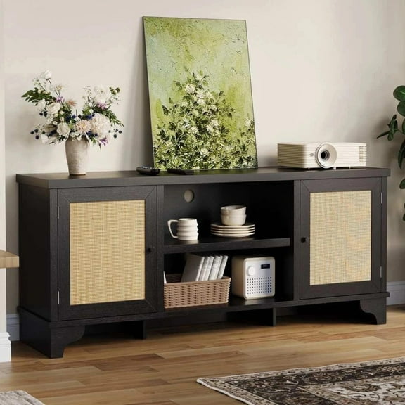 Towallmark 70 Inch Rattan TV Stand, Boho Entertainment Center For Living Room, Black TV Console Cabinet With Storage Shelf, Media Center For Flat Screen TVs Up To 70 Inches